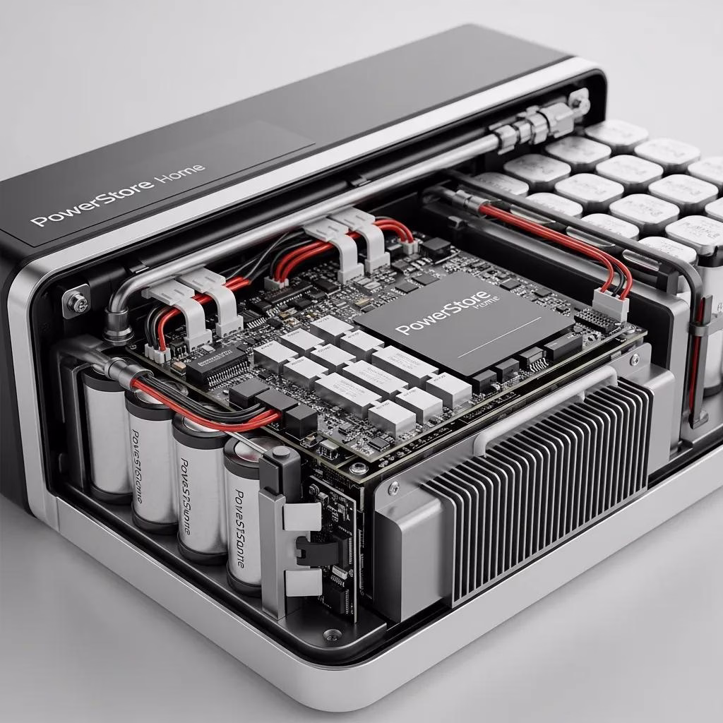 Close-up of a residential lithium‑ion battery pack, highlighting modern home energy storage technology