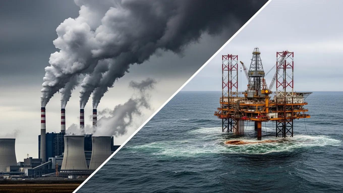 Coal power plant and oil rig illustrating traditional energy sources and their environmental impact