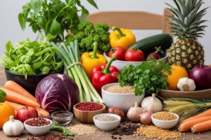 Colorful array of fresh plant-based foods promoting sustainable eating