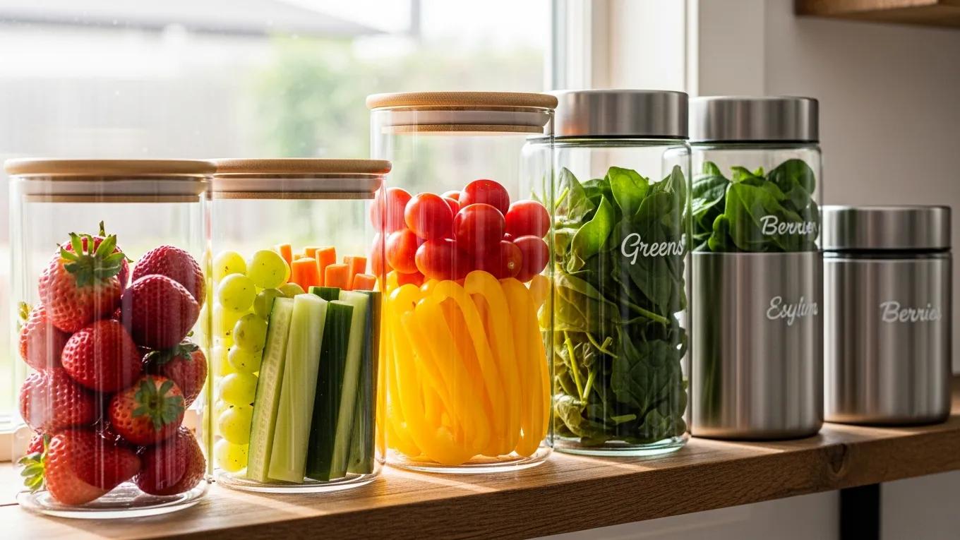 Colorful fruits and vegetables stored in glass and stainless steel reusable containers on a kitchen shelf