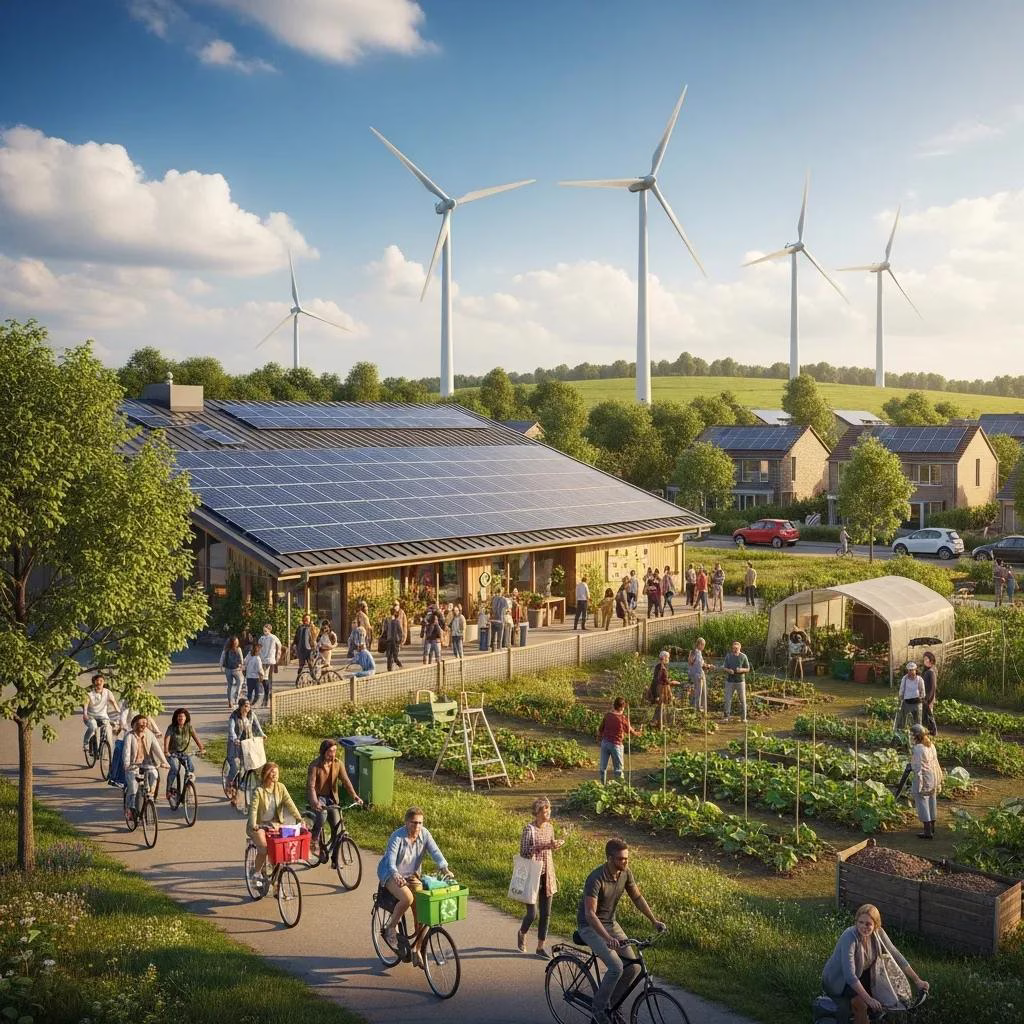Community and renewable energy projects showing practical sustainability efforts to cut greenhouse gas emissions