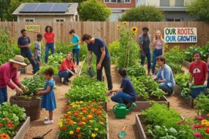Community garden representing environmental equity and sustainability efforts in marginalized neighborhoods