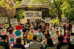 Community gathering for climate advocacy with diverse individuals engaged in discussions