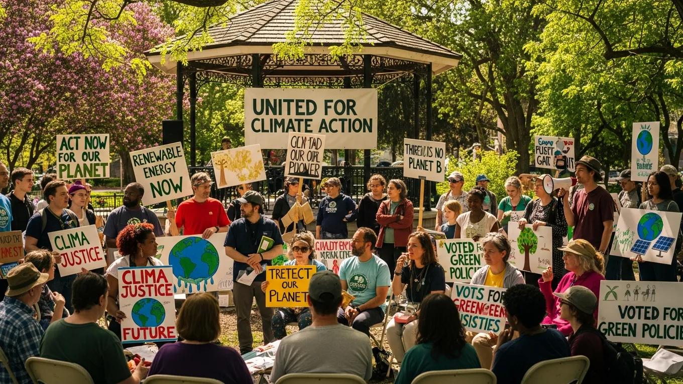 Community gathering for climate advocacy with diverse individuals engaged in discussions