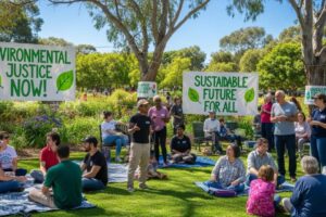 Community members advocating for environmental justice in a park setting