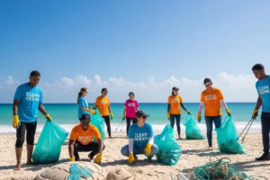 Community members cleaning a beach, highlighting efforts to reduce plastic pollution