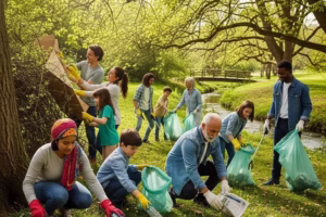Community members engaging in a clean-up event to promote climate action and sustainability