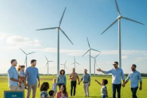 Community members engaging with wind turbines in a sunny landscape, representing local renewable energy ownership