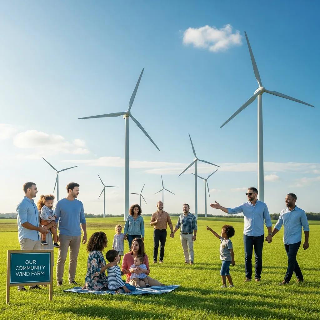 Community members engaging with wind turbines in a sunny landscape, representing local renewable energy ownership