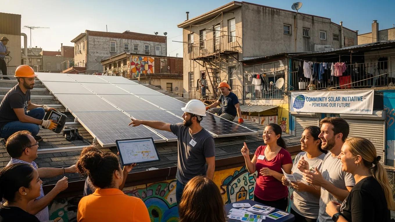 Community members installing solar panels in a low-income neighborhood, highlighting renewable energy adoption