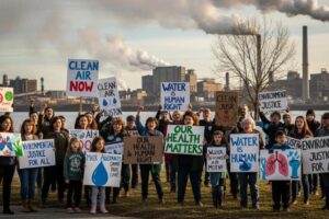 Community members rallying for environmental justice in front of a polluted industrial backdrop