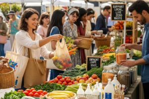 Community members using reusable bags at a farmer's market, promoting zero waste living