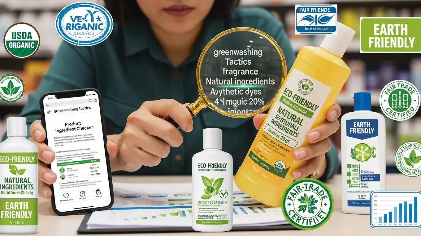 Consumer examining product labels to detect greenwashing in energy claims