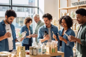Consumers evaluating eco-friendly products in a modern store, highlighting sustainable choices