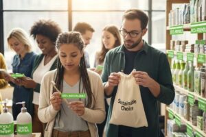 Consumers examining eco-friendly products, highlighting awareness of sustainability claims