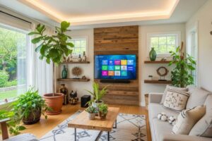 Cozy living room featuring sustainable home upgrades like energy-efficient appliances and LED lighting