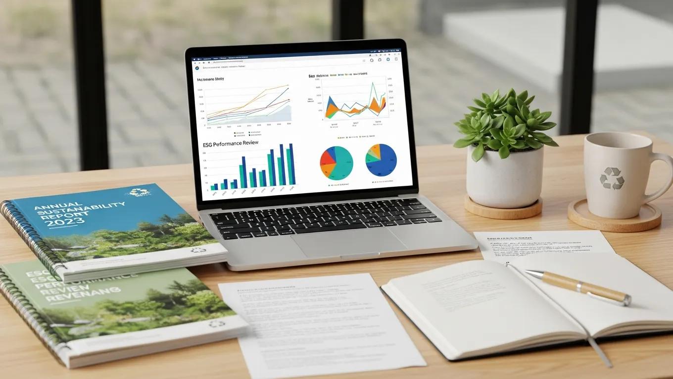Desk with sustainability reports and eco-friendly materials representing reporting standards