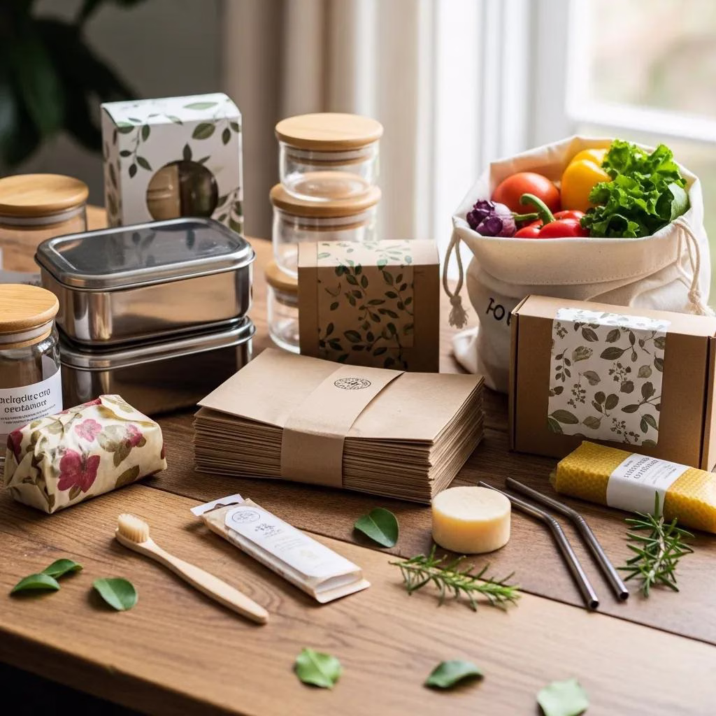 Biodegradable bags and reusable containers showcased as sustainable options