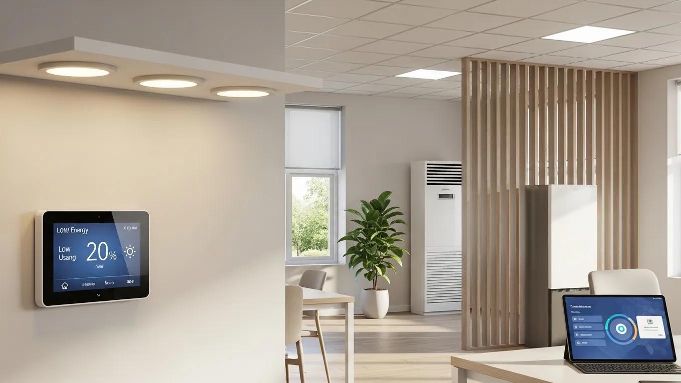 Display of energy-efficient technologies like LED lights and smart thermostats in a modern setting