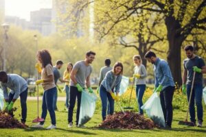 Diverse community members collaborating in a clean-up event, emphasizing environmental justice and teamwork
