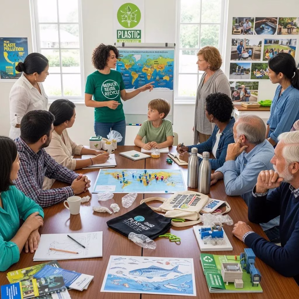 A diverse group participating in a workshop on reducing plastic pollution