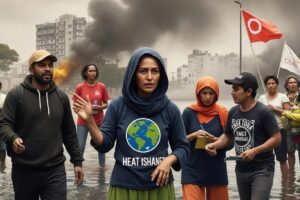 Diverse community members in an urban setting affected by climate change, illustrating environmental justice concerns