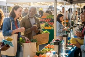 Diverse consumers engaging in sustainable practices with reusable bags and containers