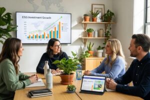 Diverse group discussing sustainable investing in a cozy office, highlighting ESG principles
