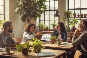 Diverse individuals discussing sustainability investment strategies in a cozy office environment