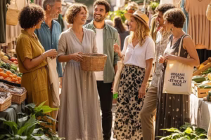 Diverse individuals in eco-friendly clothing at a sunny outdoor market, promoting sustainable fashion