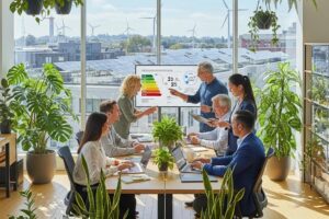 Diverse professionals collaborating in a green office, discussing sustainability strategies, surrounded by plants and a presentation screen displaying energy efficiency metrics.