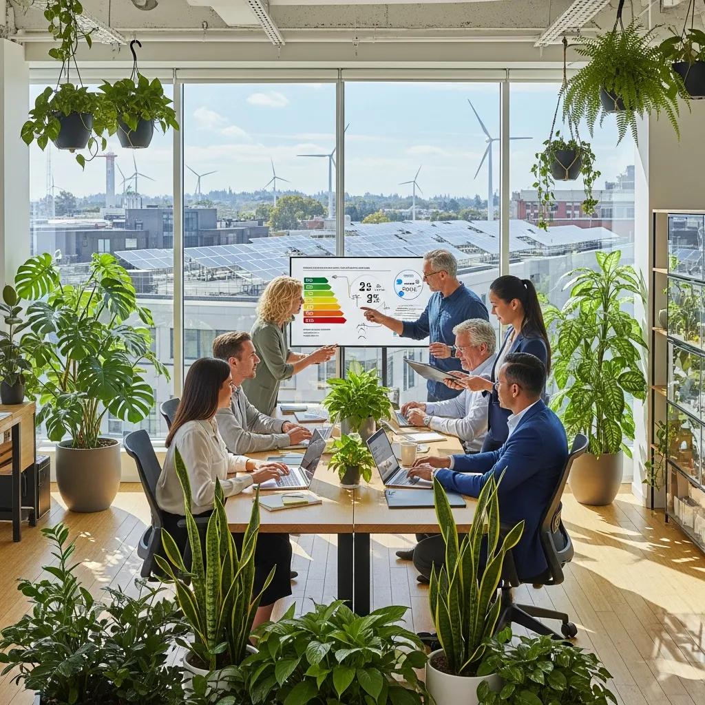 Diverse professionals collaborating in a green office, emphasizing sustainability careers