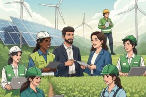 Diverse professionals collaborating in green jobs, showcasing sustainability and clean energy