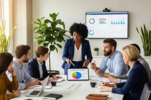 Diverse professionals collaborating on sustainability investments in a modern office