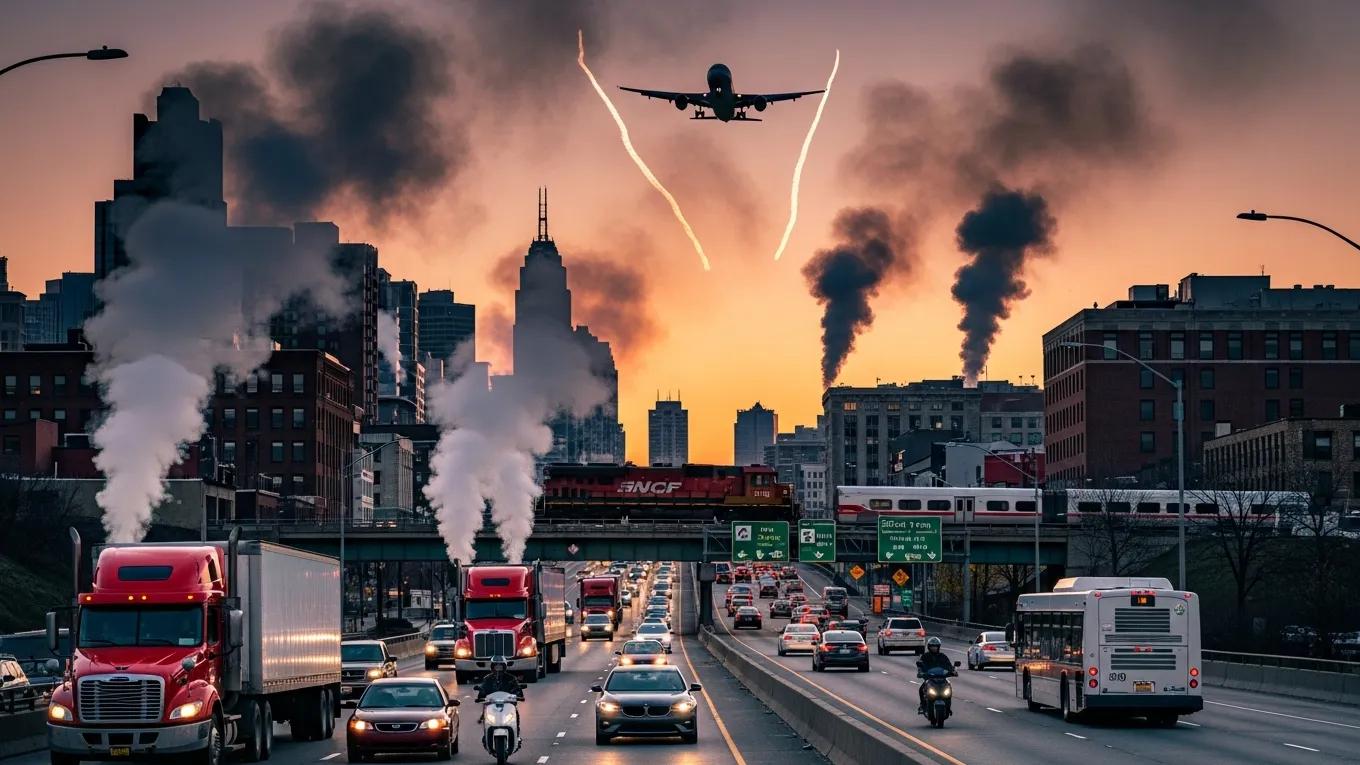Diverse transportation modes emitting greenhouse gases in an urban environment