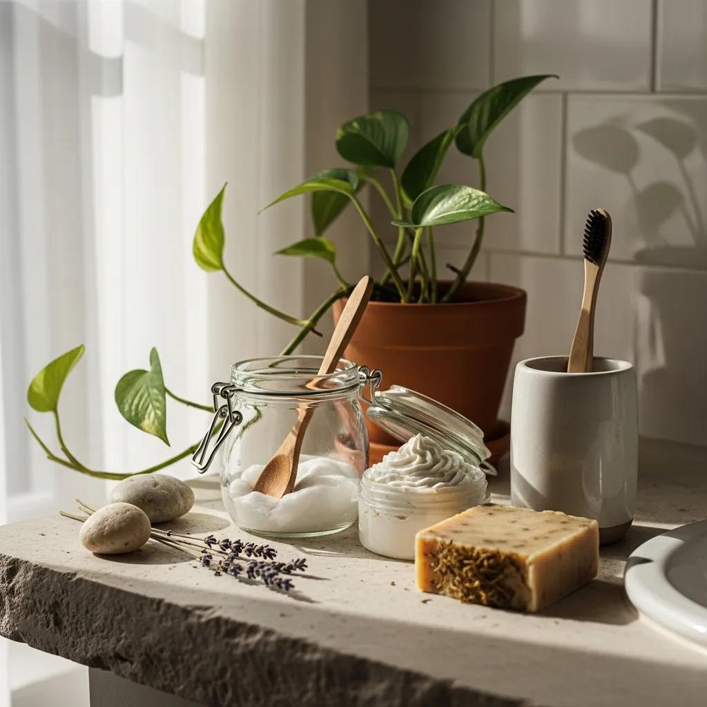 Eco-friendly personal care products including organic coconut oil and shea butter, promoting natural skincare
