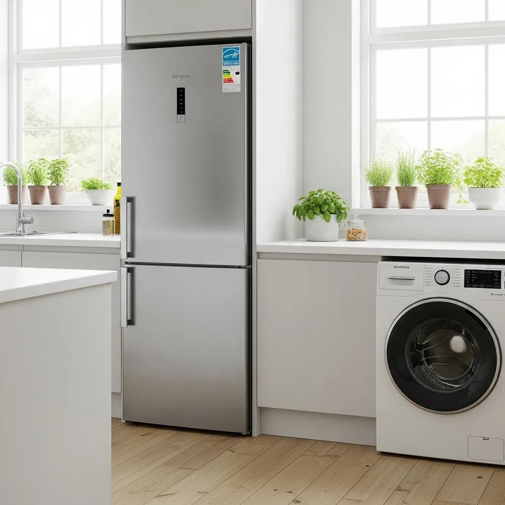 Energy-efficient appliances including an Energy Star refrigerator and high-efficiency washer in a modern kitchen