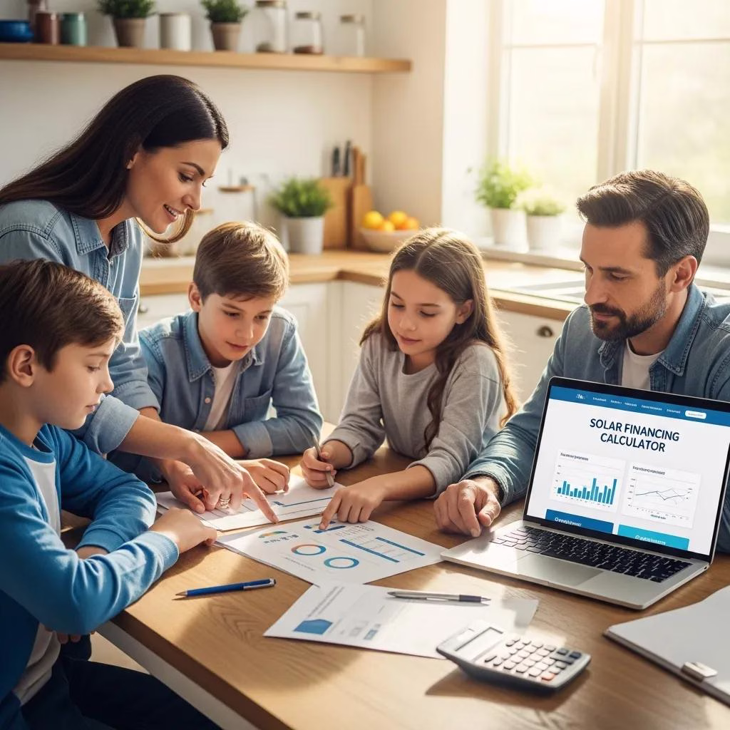Family reviewing financing options for rooftop solar at a kitchen table, planning payments and incentives