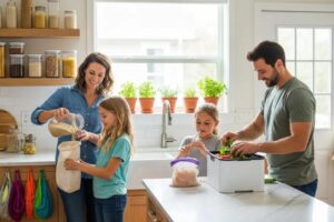 Family practicing zero waste lifestyle in a bright kitchen, using reusable bags and glass containers, engaging in sustainable living activities.