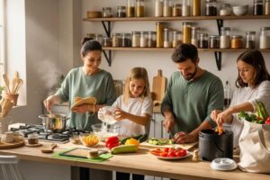 Family preparing a zero waste meal in a cozy kitchen with reusable containers and fresh produce