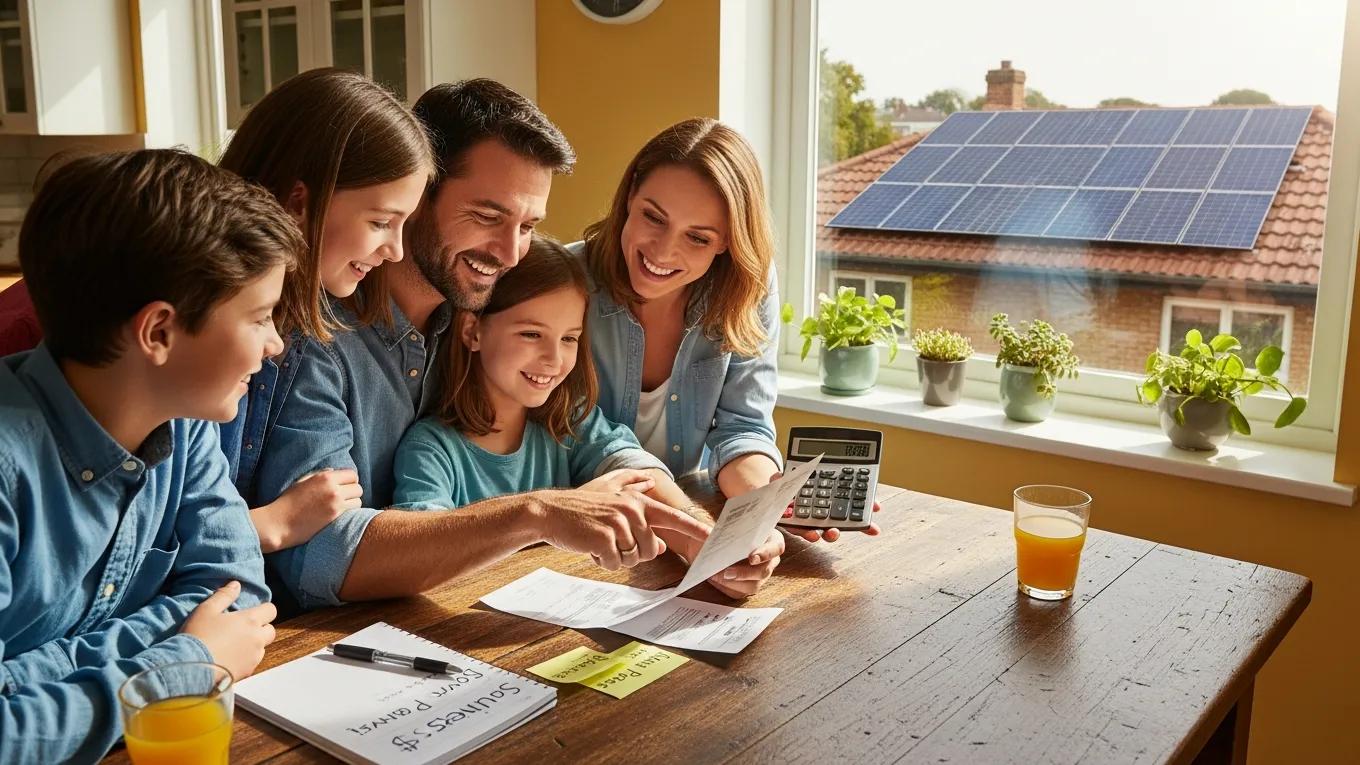 Family reviewing electricity bill with solar panels visible, illustrating cost savings from solar energy