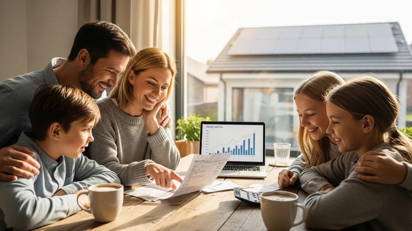 Family reviewing energy bills showcasing long-term financial benefits of renewable energy