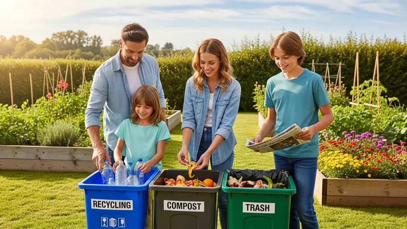 Family sorting waste into recycling, compost, and trash bins at home, illustrating sustainable waste management