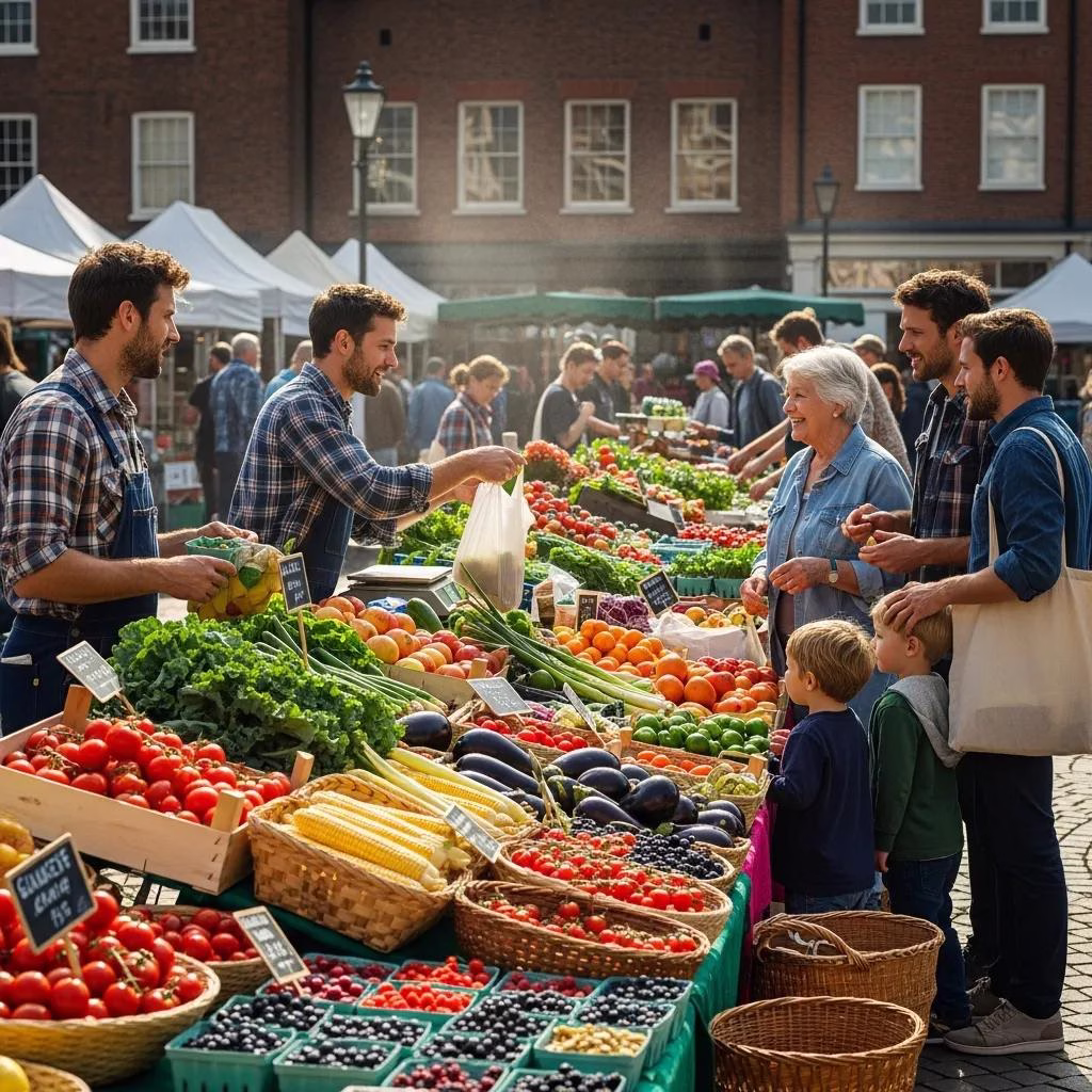 Bustling farmers' market scene emphasizing local food and community connection