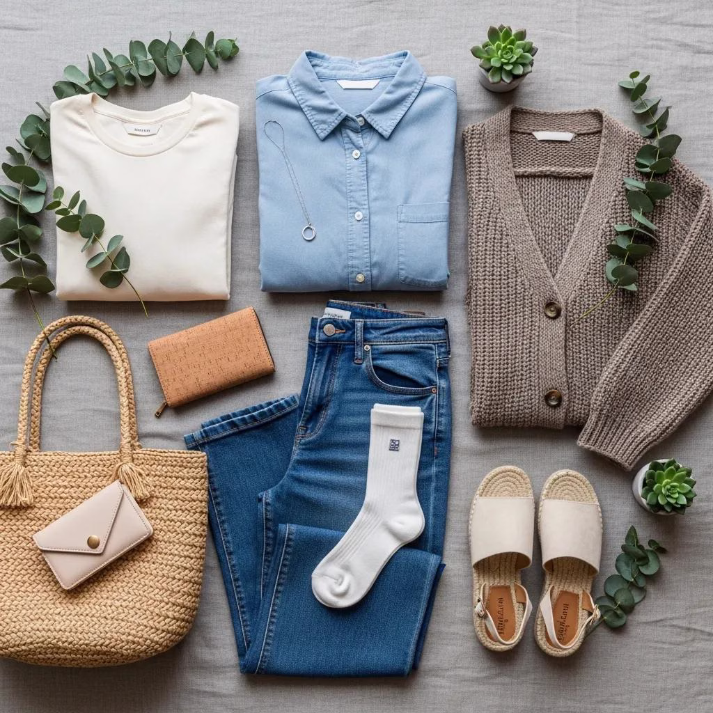 Flat lay of organic cotton basics and eco-friendly accessories arranged as a sustainable wardrobe