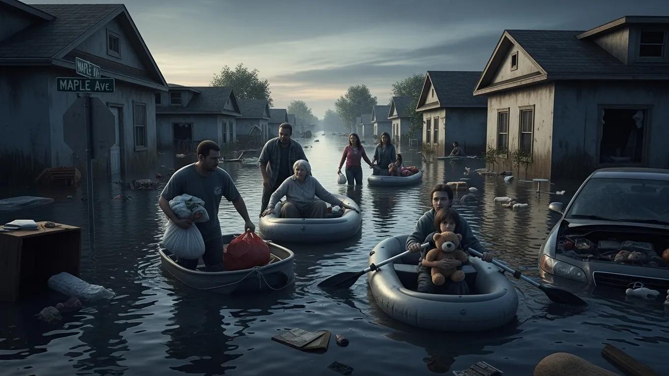 Flooded urban neighborhood illustrating the impact of climate change on displacement and migration