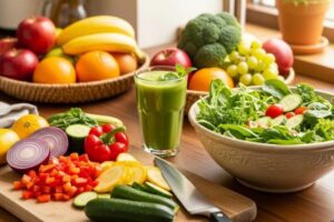 Fresh fruits and vegetables in a kitchen, representing sustainable eating and plant-based nutrition
