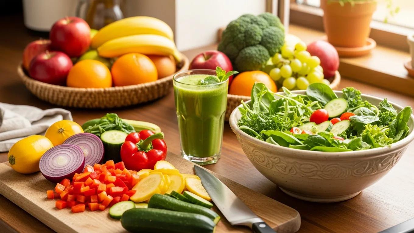 Fresh fruits and vegetables on a kitchen counter, including apples, bananas, oranges, broccoli, and a vibrant green salad with cucumbers and tomatoes, representing sustainable eating and plant-based nutrition.