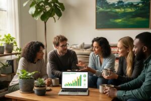 Group discussion on sustainable investing with a laptop and plants in a cozy environment