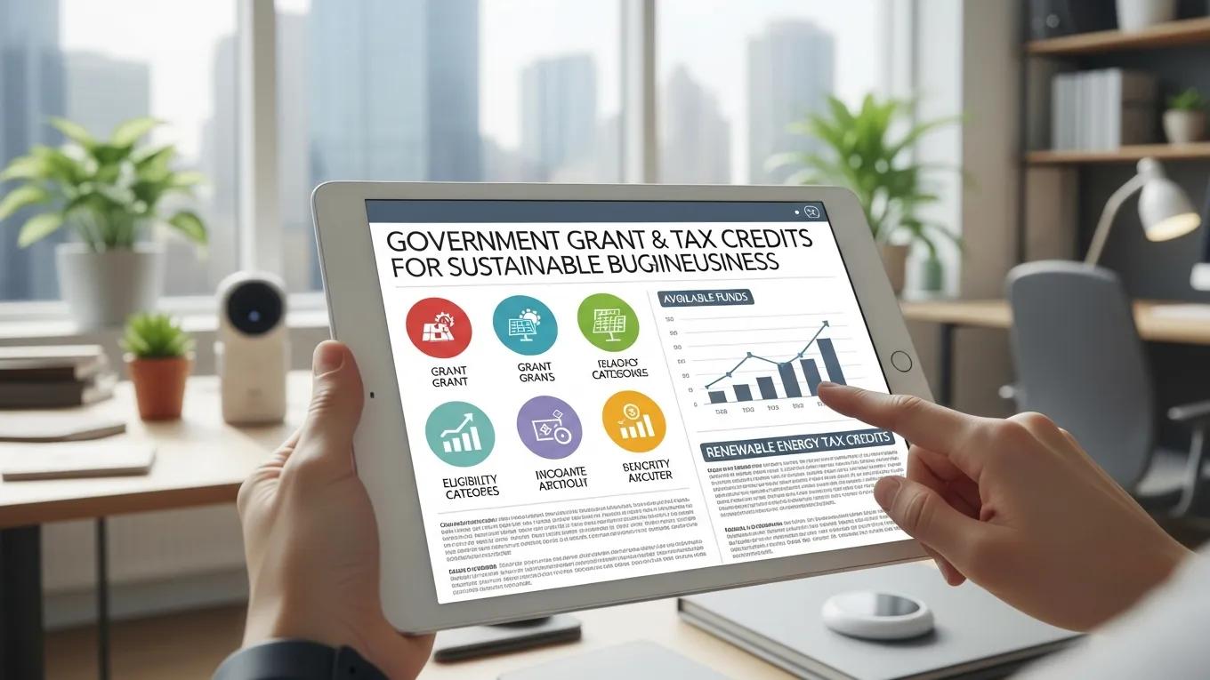 Hands holding a tablet with information on government grants and tax credits for sustainable businesses